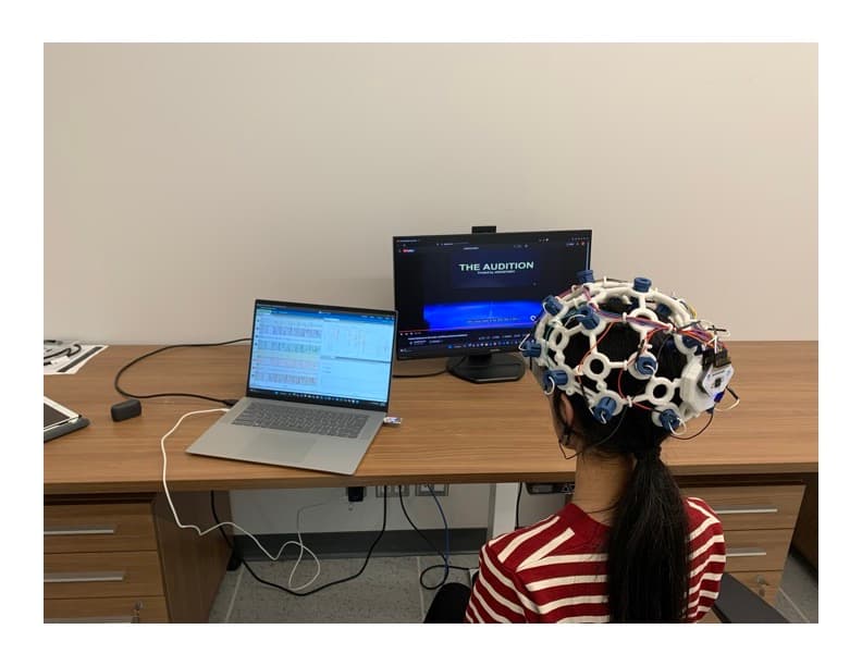 AURA EEG setup with 16-channel OpenBCI headset and real-time signal monitoring